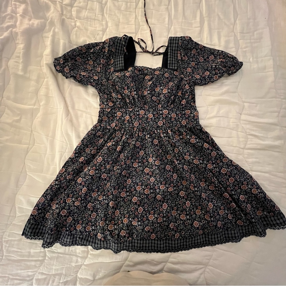 American Eagle Outfitters Navy Blue Floral Smocked Puff Sleeve Babydoll Sundress